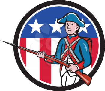 Illustration of an American revolutionary soldier minuteman serviceman military with rifle marching set inside circle with usa flag stars and stripes in the background done in cartoon style. 