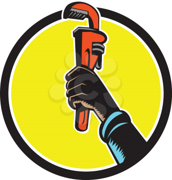 Illustration of a black plumber hand raising monkey adjustable wrench viewed from the side set inside circle done in retro style. 