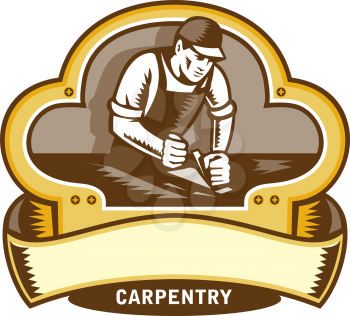 Illustration of a carpenter builder woodworker wearing hat and overalls with smooth plane working on a wood surface set inside clover leaf with the word Carpentry done in retro style. 