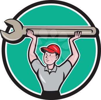 Illustration of a mechanic lifting giant wrench over head looking to the side viewed from front set inside circle on isolated background done in cartoon style. 