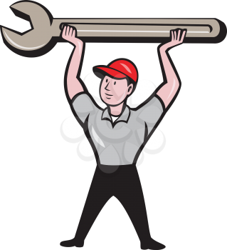 Illustration of a mechanic lifting giant wrench over head looking to the side viewed from front set on isolated white background done in cartoon style. 