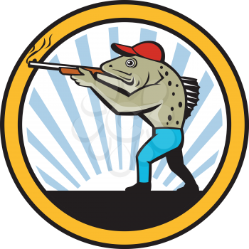 Illustration of a spotted sea trout hunter carrying gun rifle shooting viewed from the side set inside circle with sunburst in the background done in retro style, 