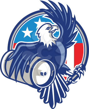 Illustration of an american bald eagle carrying beer keg viewed from the side set inside circle with usa american flag stars and stripes in the background done in retro style. 