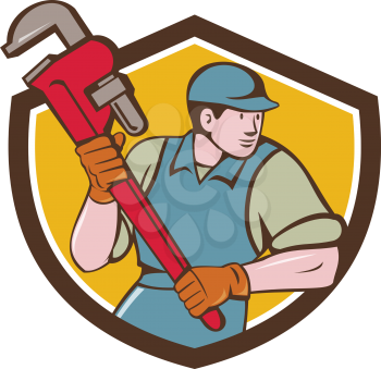 Illustration of a plumber wearing hat running holding giant monkey wrench looking to the side viewed from front set inside shield crest on isolated background done in cartoon style. 