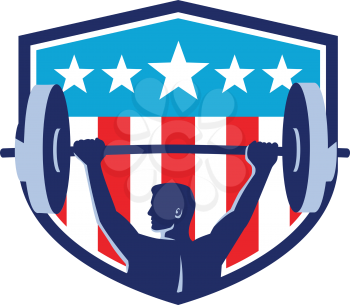 Illustration of a weightlifter lifting barbell looking to the side viewed from rear set inside shield crest with USA flag stars and stripes in the background done in retro style. 