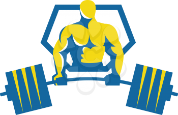 Illustration of a weightlifter lifting barbell midlift viewed from front set inside shield crest done in retro style. 
