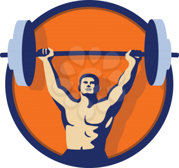 Illustration of a weightlifter lifting barbell weights with both hands viewed from front set inside circle done in retro style. 