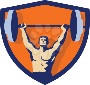 Illustration of a weightlifter lifting barbell weights with both hands viewed from front set inside shield crest done in retro style. 