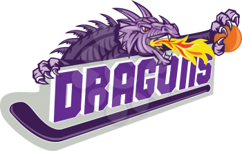Illustration of a purple dragon head breathing fire clutching basketball on hockey stick and banner with the word Dragons on isolated white background done in retro style. 