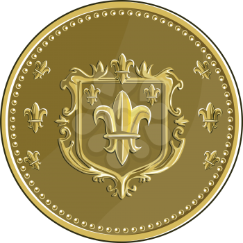 Illustration of a fleur-de-lis,  fleur-de-lys or  flower of the lily depicting a stylized lily or lotus flower inside a crest shield coat of arms set on gold coin medallion medal done in retro style. 