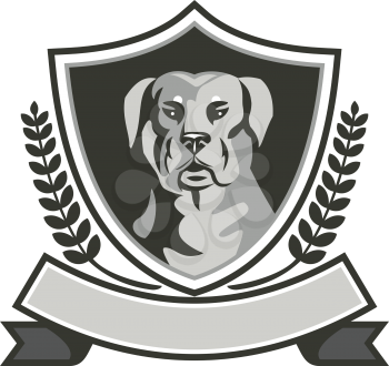 Black and white illustration of a Rottweiler Metzgerhund mastiff-dog guard dog head viewed from front set inside shield crest with laurel leaves and ribbon done in retro style. 