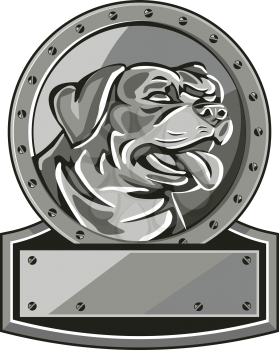Metallic style illustration of a Rottweiler Metzgerhund mastiff-dog guard dog head looking to the side set inside circle with screws done in retro style. 