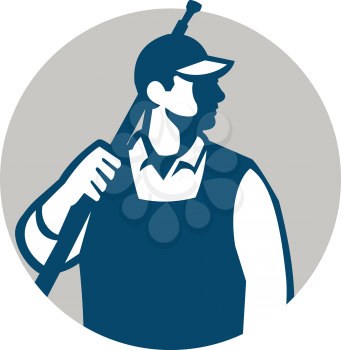 Illustration of a male pressure washing cleaner worker holding a water blaster on shoulder looking to the side viewed from front set inside circle on isolated background done in retro style.