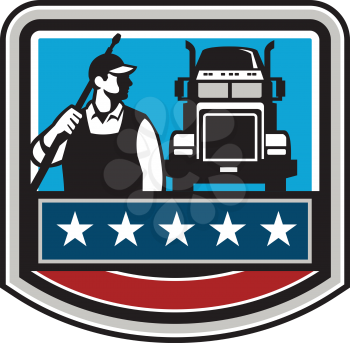 Illustration of a male pressure washing cleaner worker holding a water blaster on shoulder looking to the side with truck viewed from front set inside shield crest with american stars and stripes flag