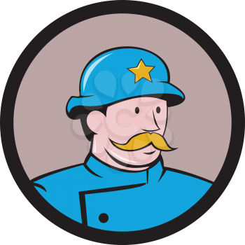 Illustration of a vintage new york policeman looking to the side viewed from front set inside circle done in cartoon style. 