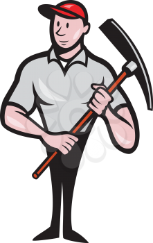 Illustration of a construction worker looking to the side holding pickaxe viewed from front set on isolated white background done in cartoon style. 