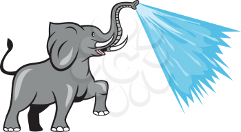 Illustration of an african elephant marching prancing spraying water from trunk viewed from the side set on isolated white background done in cartoon style. 