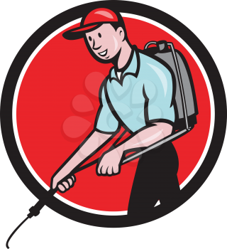 Illustration of a pest control exterminator spraying viewed from the side set inside circle on isolated background done in cartoon style. 