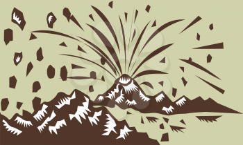 Illustration of a volcano erupting volcanic eruption resulting to island formation done in retro woodcut style.