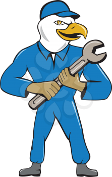 Illustration of a american bald eagle mechanic standing holding spanner looking to the side viewed from front set on isolated white background done in cartoon style. 