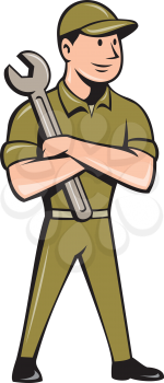 Illustration of a mechanic worker wearing hat standing with arms crossed holding spanner looking to the side viewed from front set on isolated white background done in cartoon style.