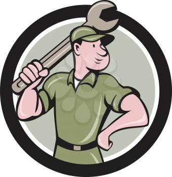 Illustration of a mechanic wielding holding spanner wrench looking to the side viewed from front set inside circle on isolated background done in cartoon style. 