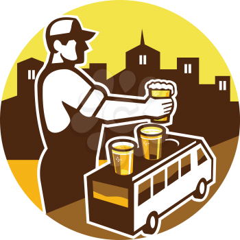 Illustration of bartender holding beer with beer flight on top of van and cityscape buildings in the background viewed from the side set inside circle done in retro style. 