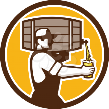 Illustration of bartender carrying keg on shoulder pouring beer from keg viewed from the side set inside circle done in retro style. 