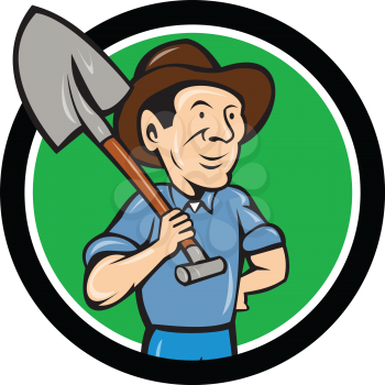 Illustration of an organic farmer holding shovel on shoulder looking to the side viewed from front set inside circle done in cartoon style. 