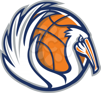 Illustration of a pelican showing its wings with basketball in the background viewed from the side done in retro style. 