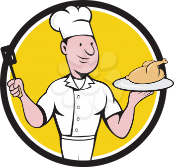Illustration of a chef cook serving roast chicken on a platter on one hand and holding a spatula on the other hand viewed from front set inside circle  on isolated background done in cartoon style. 