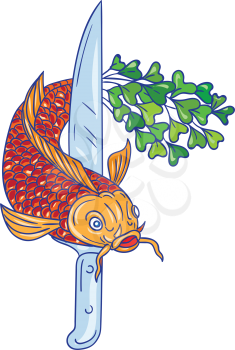 Drawing sketch style illustration of a knife and a  trout fish with microgreen tail  viewed from front set on isolated white background.
