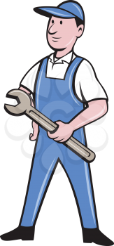 Illustration of a repairman handyman worker standing wearing hat and overalls holding spanner wrench looking to the side viewed from front set on isolated white background done in cartoon style. 