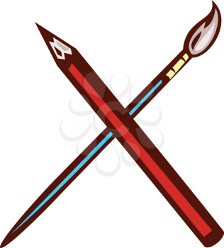 Illustration of a pencil crossed with artist brush set on isolated white background done in retro style. 