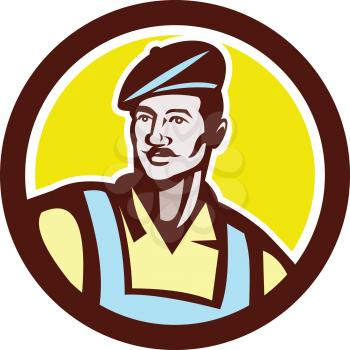 Illustration of a french artisan craft worker wearing beret viewed from front set inside circle on isolated background done in retro style. 