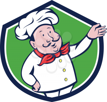 Illustration of a french chef cook baker with moustache wearing hat and bandana on neck with arm out welcoming greeting viewed from front set inside shield crest on isolated background done in cartoon