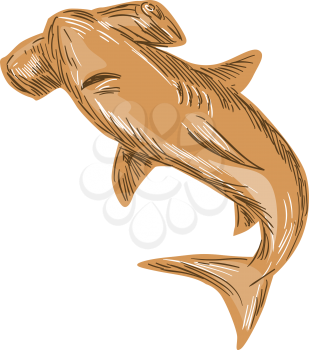 Drawing sketch style illustration of a hammerhead shark set on isolated white background. 