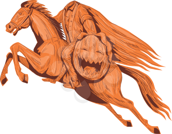 Drawing sketch style illustration of the headless horseman or galloping Hessian of sleepy hollow riding a horse and holding out his pumpkin head viewed from the side set on isolated white background. 