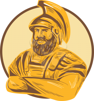Drawing sketch style illustration of Agamemnon,  king of Mycenae in the Greek mythology with arms crossed set inside circle on isolated background. 