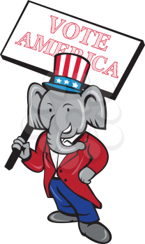 qIllustration of an American Republican GOP elephant mascot standing wearing suit and stars and stripes hat holding placard sign with the words Vote America set on isolated white background done in ca