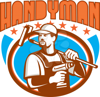 Illustration of a handyman with beard moustache facial hair holding paint roller on shoulder and cordless drill looking to the side set inside oval shape with stars and the word text Handyman on isola