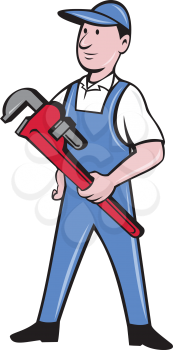 Illustration of a handyman wearing hat looking to the side standing holding pipe wrench viewed from front set on isolated white background done in cartoon style. 
