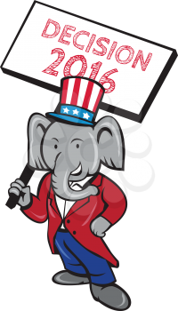 Illustration of an American Republican GOP elephant mascot standing wearing suit and stars and stripes hat holding placard sign with the words Decision 2016 set on isolated white background done in ca
