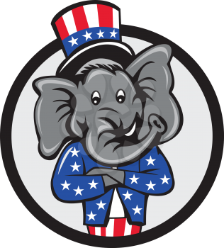 Illustration of an American Republican GOP elephant mascot arms crossed wearing usa stars and stripes top hat and suit viewed from front set inside circle on isolated background done in cartoon style.