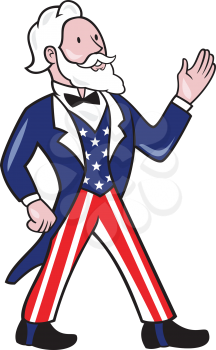 Illustration of Uncle Sam wearing american stars and stripes suit standing waving hand looking to the side viewed from front set on isolated white background done in cartoon style. 