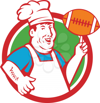 Illustration of a fat chef cook smiling wearing hat and apron twirling football ball viewed from front set inside circle done in retro style. 