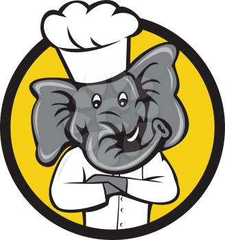 Illustration of a chef elephant wearing chef's hat with arms crossed viewed from front set inside circle on isolated background done in cartoon style.