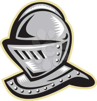 Illustration of a knight armor helmet set on isolated white background done in retro woodcut style. 