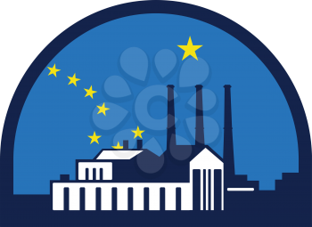 Illustration of a power plant set inside half circle with alaska flag in the background done in retro style. 