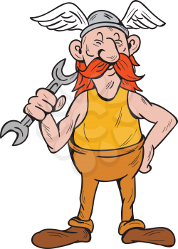 Illustration of a viking repairman standing holding spanner with one hand and the other hand on hips facing front set inside  on isolated white background done in cartoon style. 